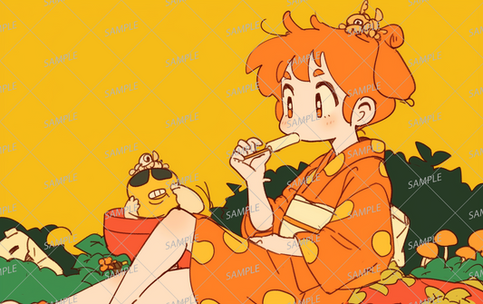 AA-0598 A girl in an orange kimono eating ice cream in the grass