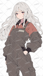 AA-0601 A young woman with white hair wearing dark gray overalls