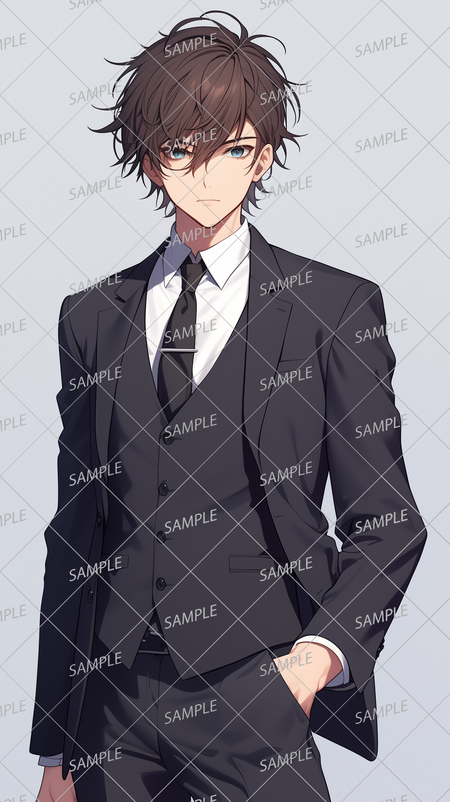 AA-0603 A cool brown-haired man in a black suit with his left hand in his pocket