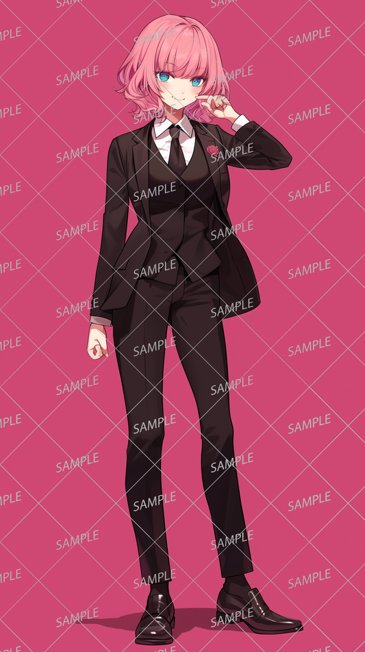 AA-0604 A woman with lightly wavy pink hair wearing a black suit