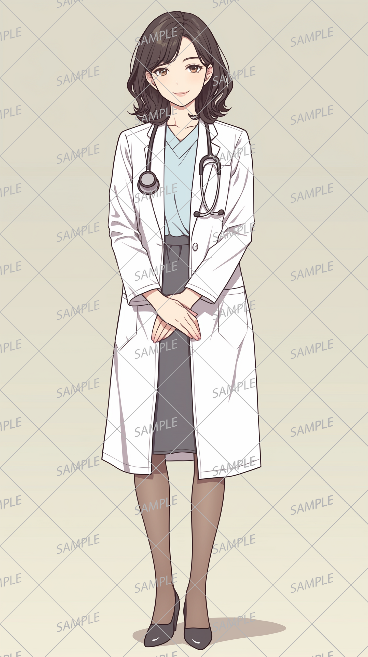 AA-0605 A female doctor with lightly wavy brown hair wearing a doctor's coat