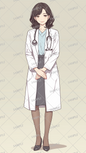 AA-0605 A female doctor with lightly wavy brown hair wearing a doctor's coat