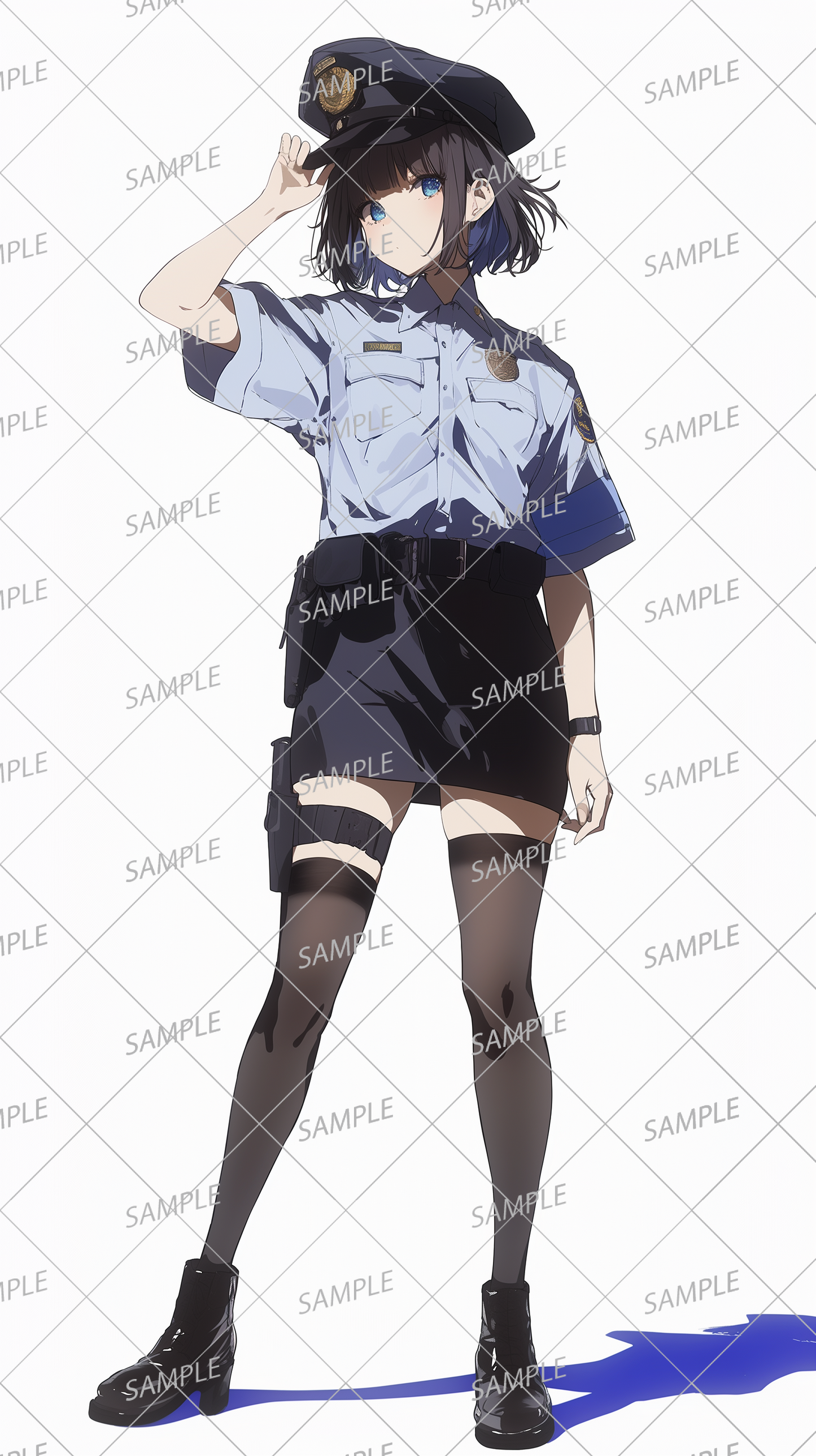 AA-0608 A female police officer with short black hair wearing uniform and equipment