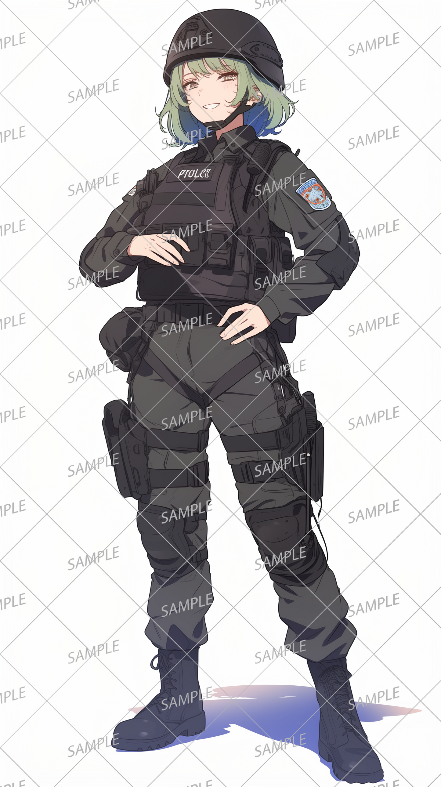 AA-0609 A happy-looking female police officer wearing a bulletproof vest and helmet