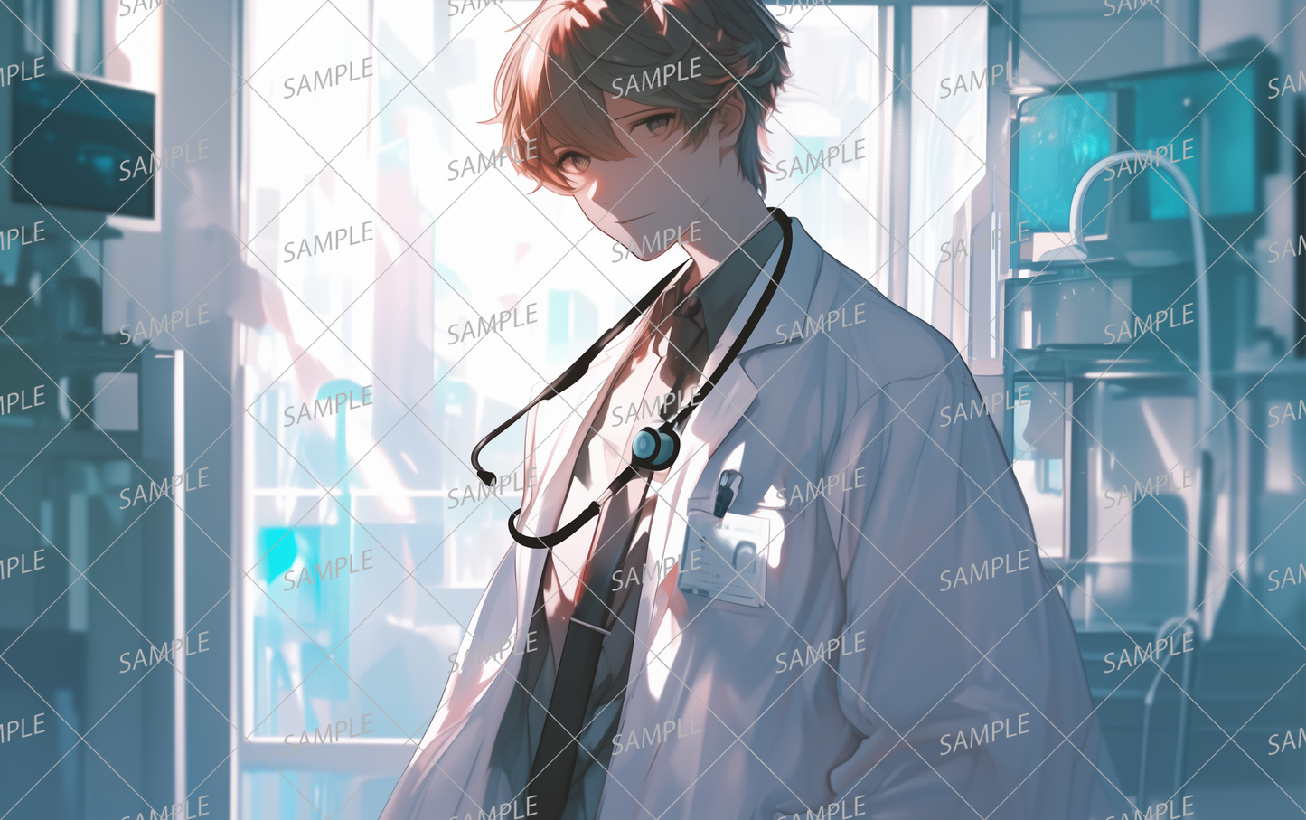 AA-0615 A male doctor with wavy hair in a room with medical equipment and natural light