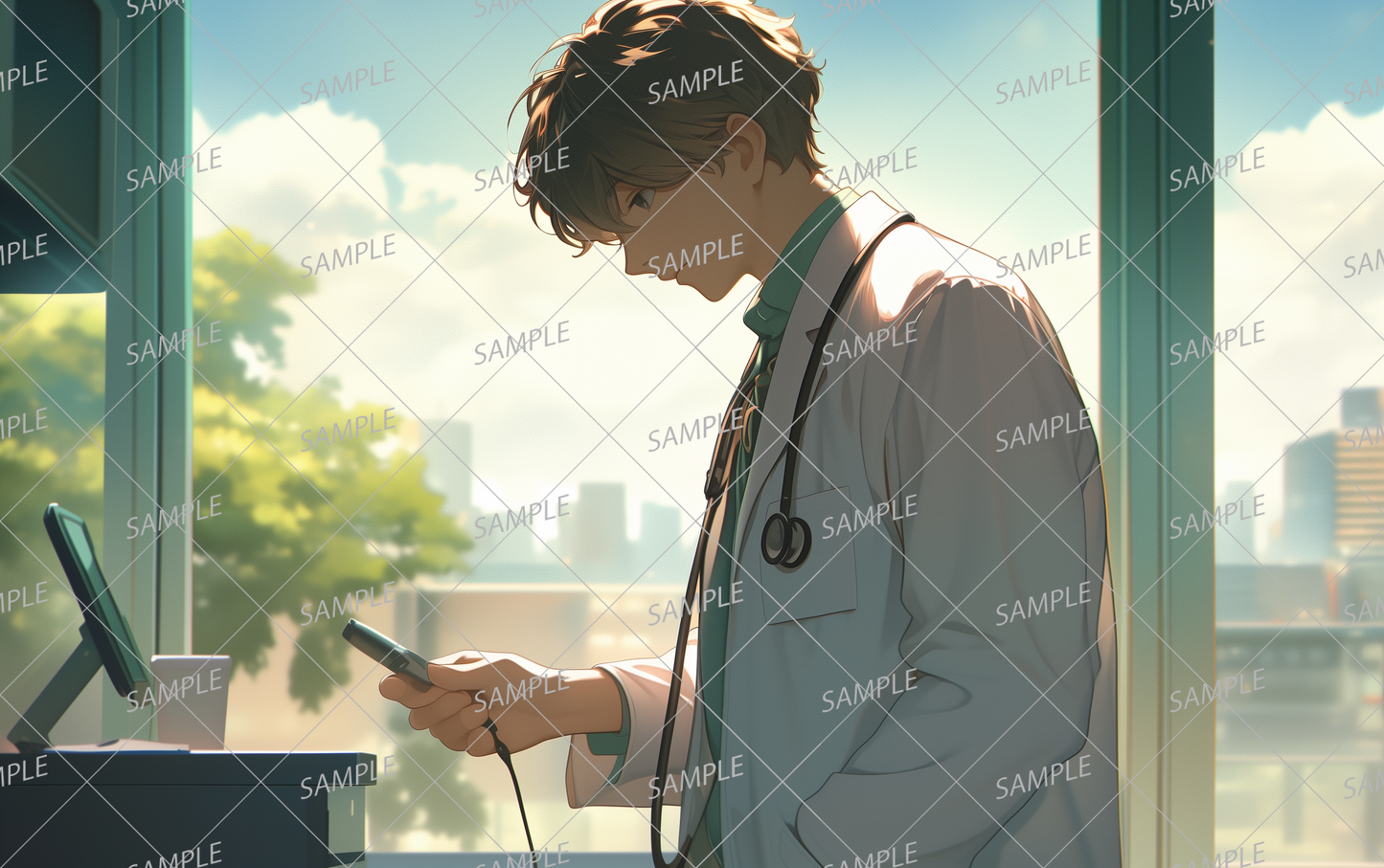 AA-0616 A male doctor concentrating on operating medical equipment with a city background seen from the window