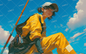 AA-0620 A woman wearing a cap working seriously under the blue sky and white clouds