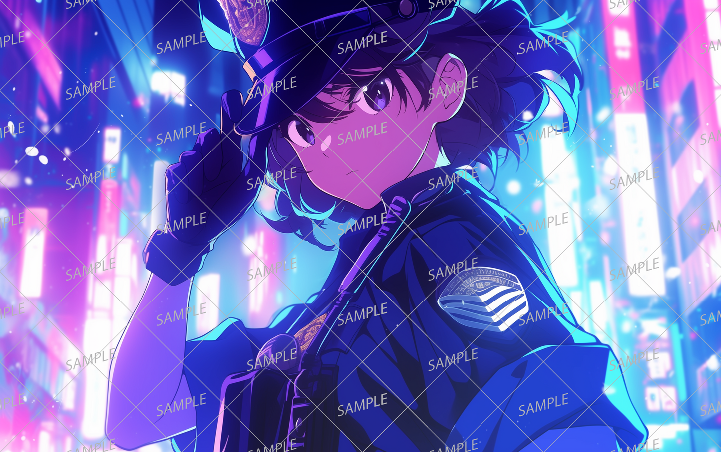 AA-0631 A female police officer shining in a futuristic city bathed in neon lights