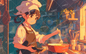 AA-0638 A girl wearing a chef's hat cooking under the light of a sunset