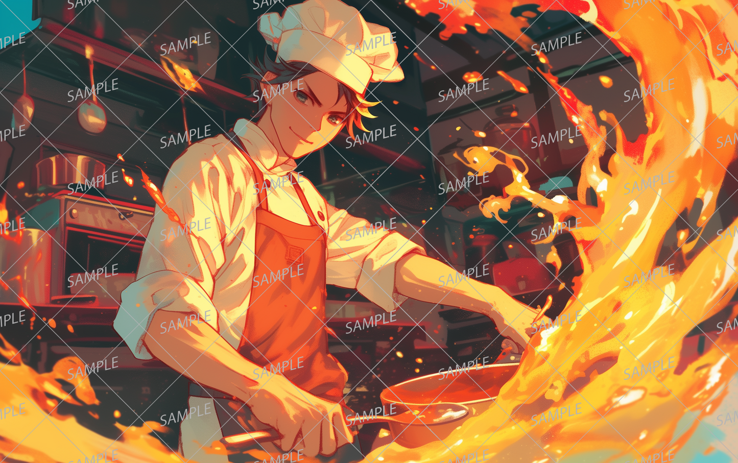 AA-0639 A chef shaking a frying pan while flames fly out dynamically