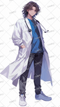 AA-0643 A male doctor with long, wavy black hair and a calm expression