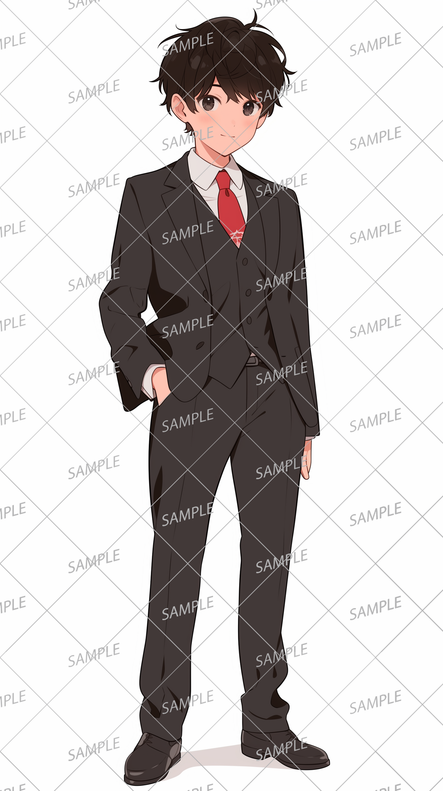 AA-0644 A young businessman wearing a black suit with one hand in his pocket