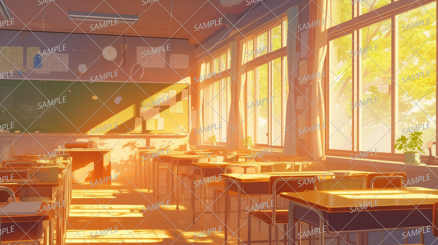 AA-0651 An empty classroom warmly lit by the setting sun