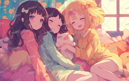 AA-0662 Three girls in pajamas cuddling in a colorfully decorated room