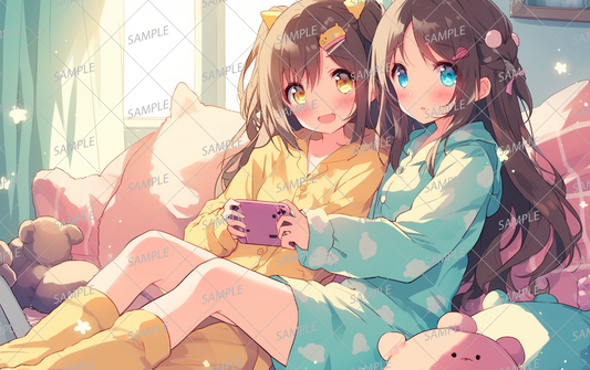 AA-0666 Two girls in pajamas happily playing games together in a room