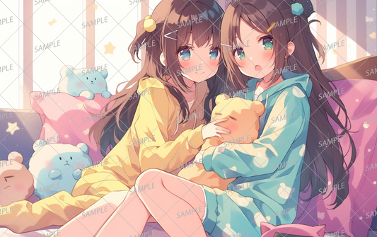 AA-0667 Two girls in pajamas admiring a stuffed animal together in a room