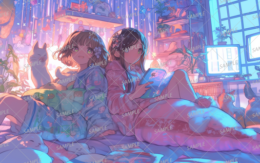 AA-0668 Two girls in pajamas having fun in a room decorated like a starry sky