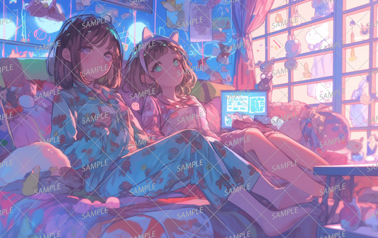 AA-0669 Two girls daydreaming in a room filled with stuffed toys and cushions