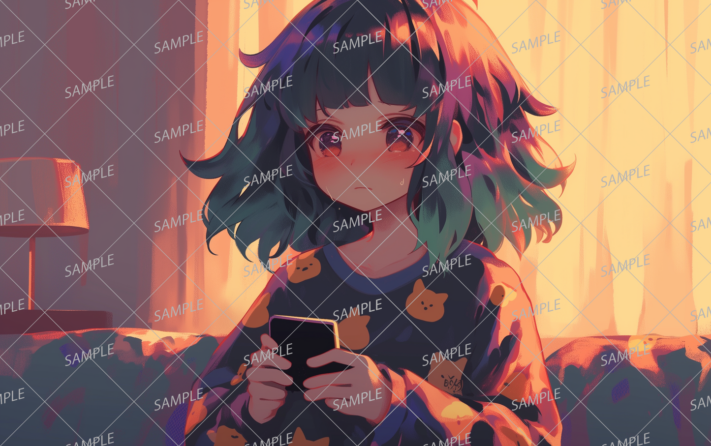 AA-0673 A girl crying while looking at her smartphone in a dimly lit room