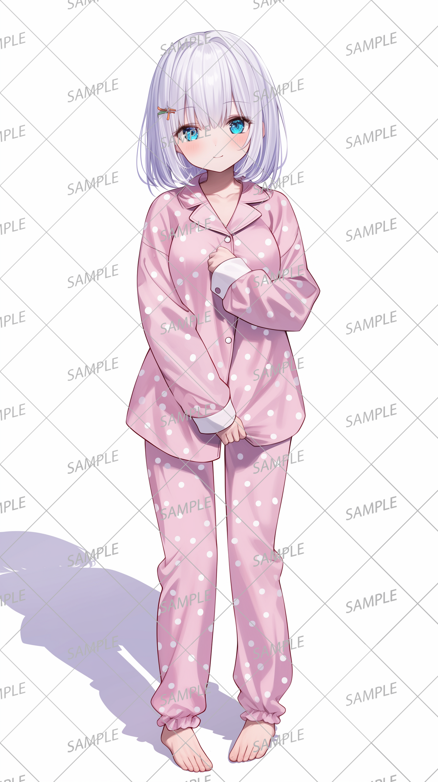 AA-0676 White-haired girl wearing pink polka dot pajamas