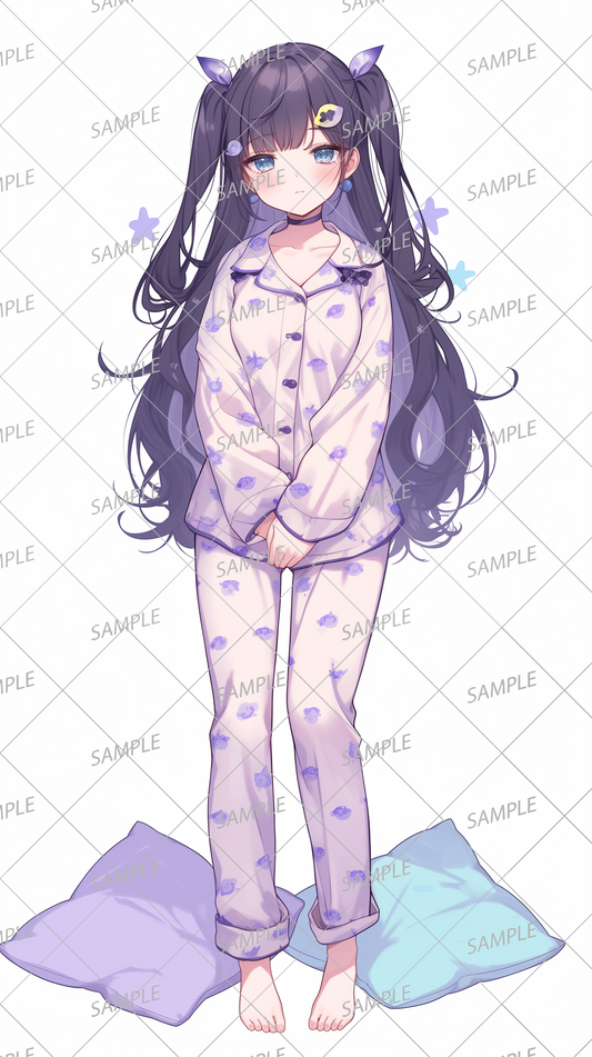 AA-0680 An expressionless girl with twin tails wearing purple pajamas