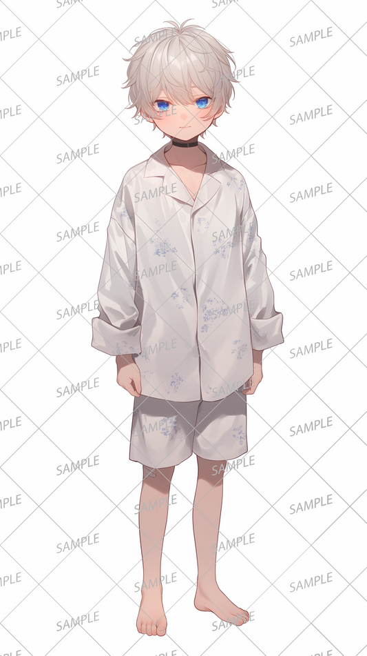 AA-0685 A young boy with white hair wearing white pajamas and shorts