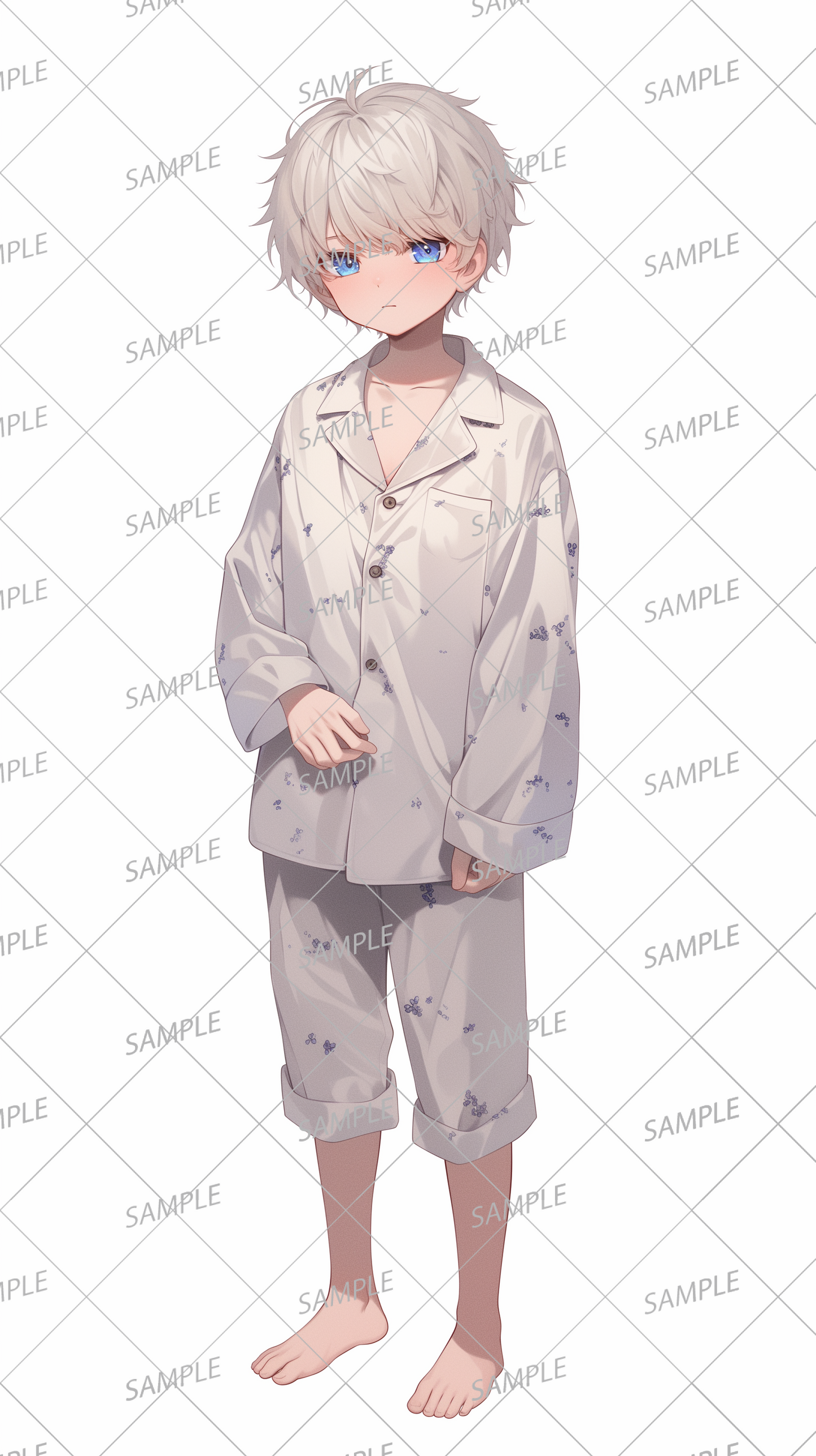 AA-0686 Young boy with white hair wearing white shorts pajamas 2