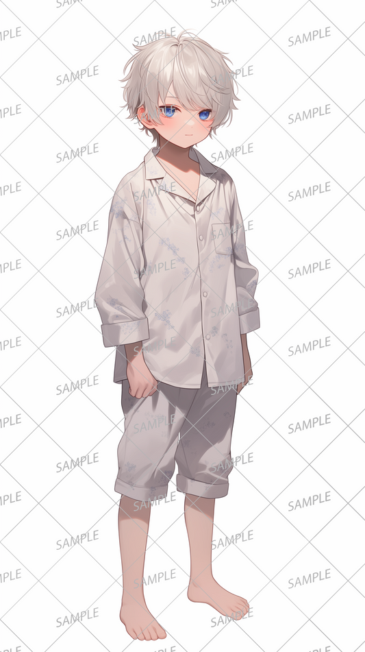 AA-0687 Young boy with white hair wearing white shorts pajamas 3