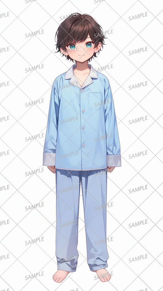 AA-0688 A young boy wearing light blue pajamas with a white collar