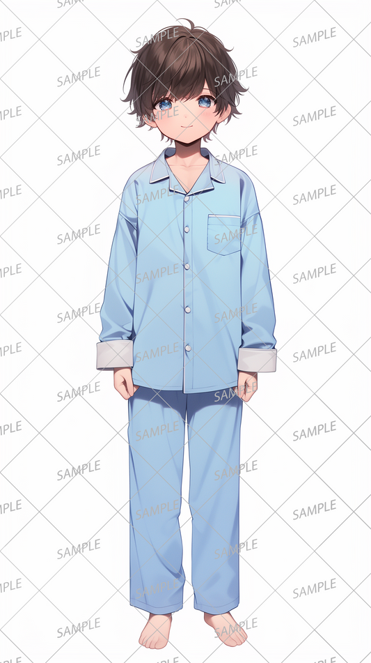 AA-0689 Young boy wearing light blue pajamas with white collar 2