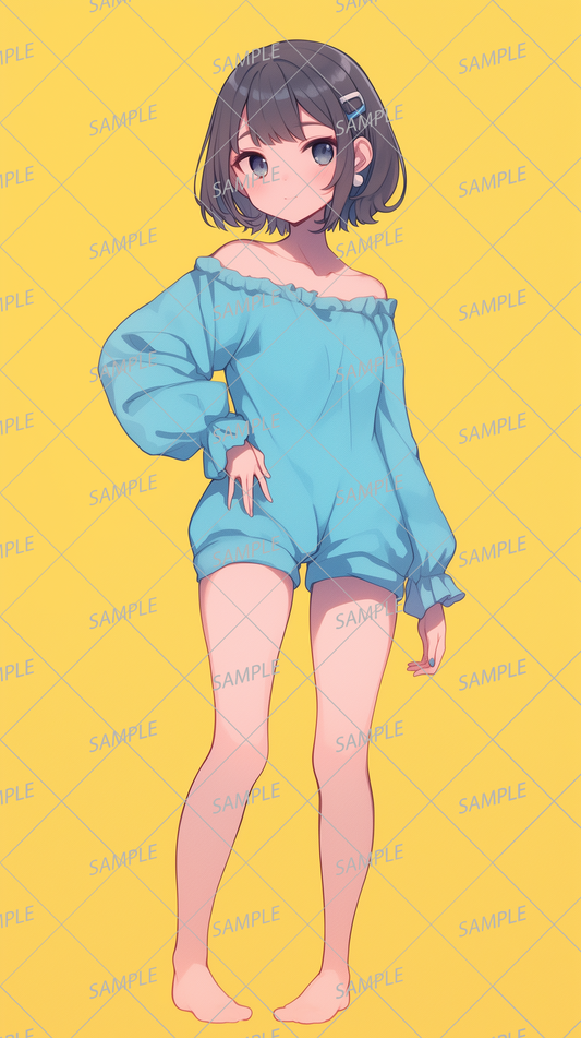 AA-0690 A girl with short black hair wearing blue off-shoulder pajamas