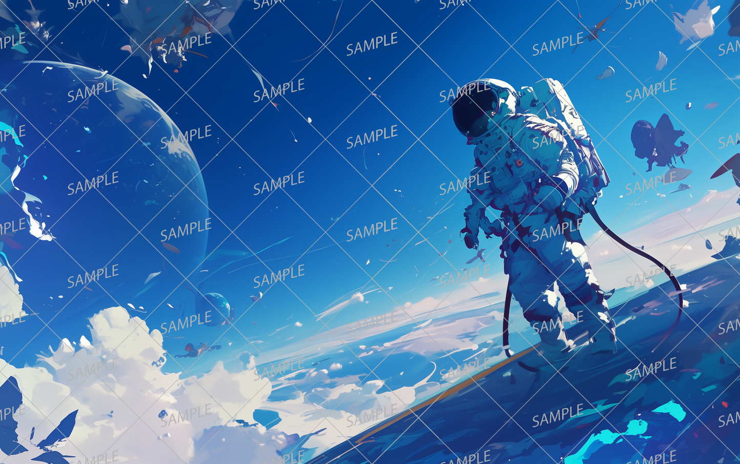 AA-0692 Astronaut standing in blue space gazing at planets 2