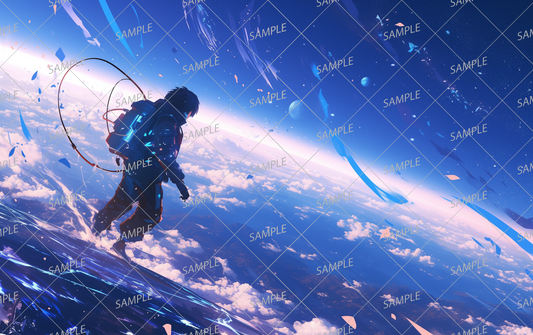 AA-0709 A person in a spacesuit floating above the clouds looking down on a planet