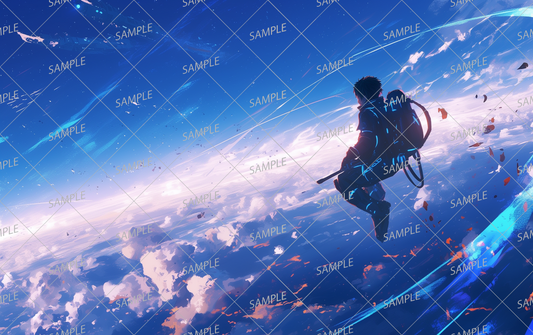 AA-0710 A person in a spacesuit floating on the clouds looking down on a planet 2