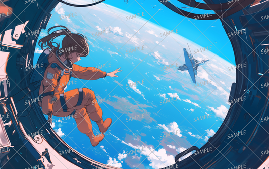 AA-0719 Girl in orange spacesuit reaching out from outer space 2