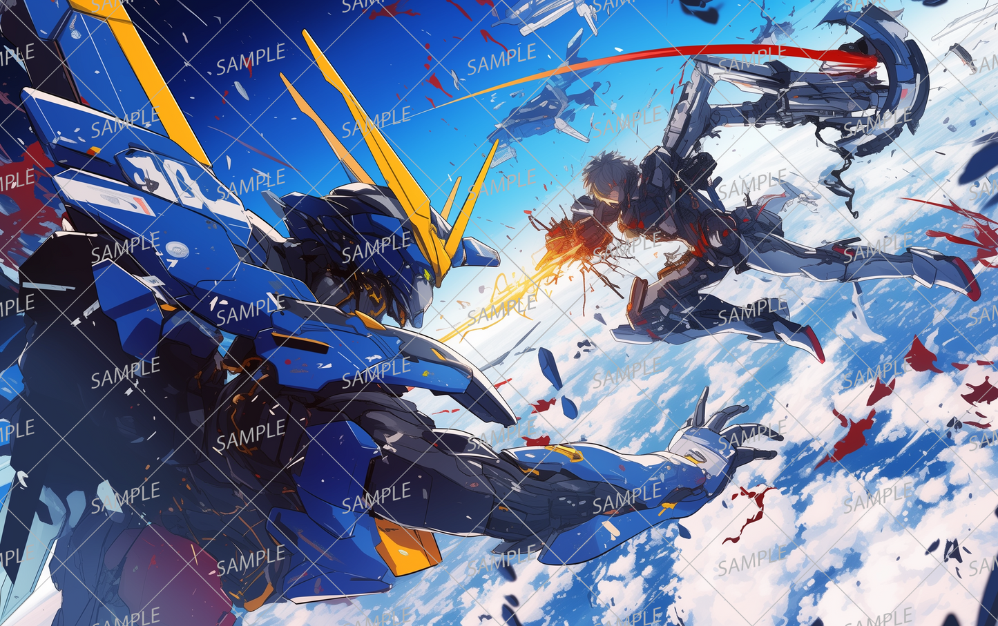 AA-0727 A duel between giant mechs in space above the clouds, sparks flying