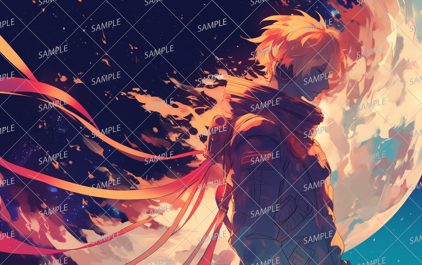 AA-0733 Profile of a man with orange hair and flames on his back against a starry background