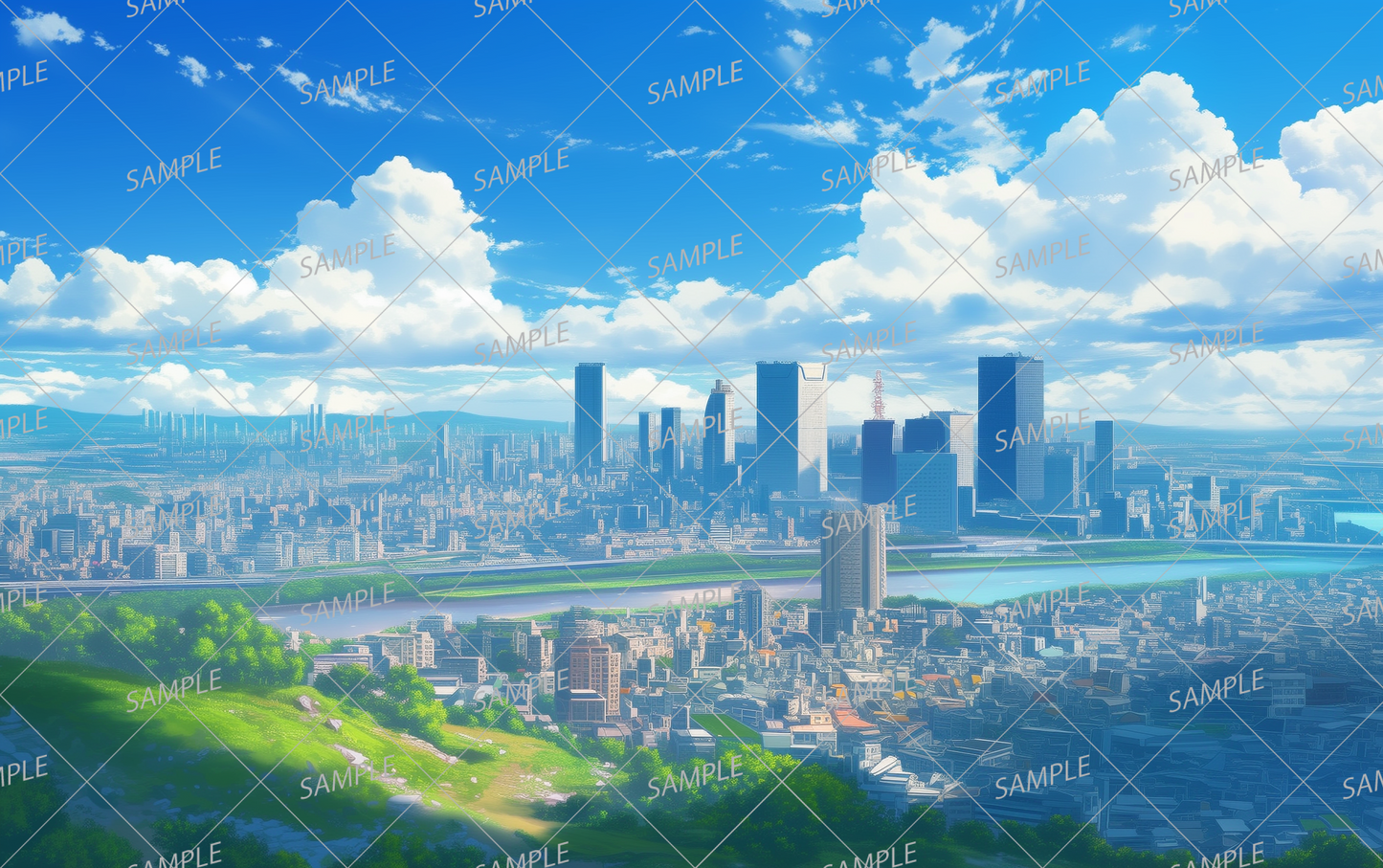 AA-0750 A vast cityscape surrounded by blue skies and white clouds