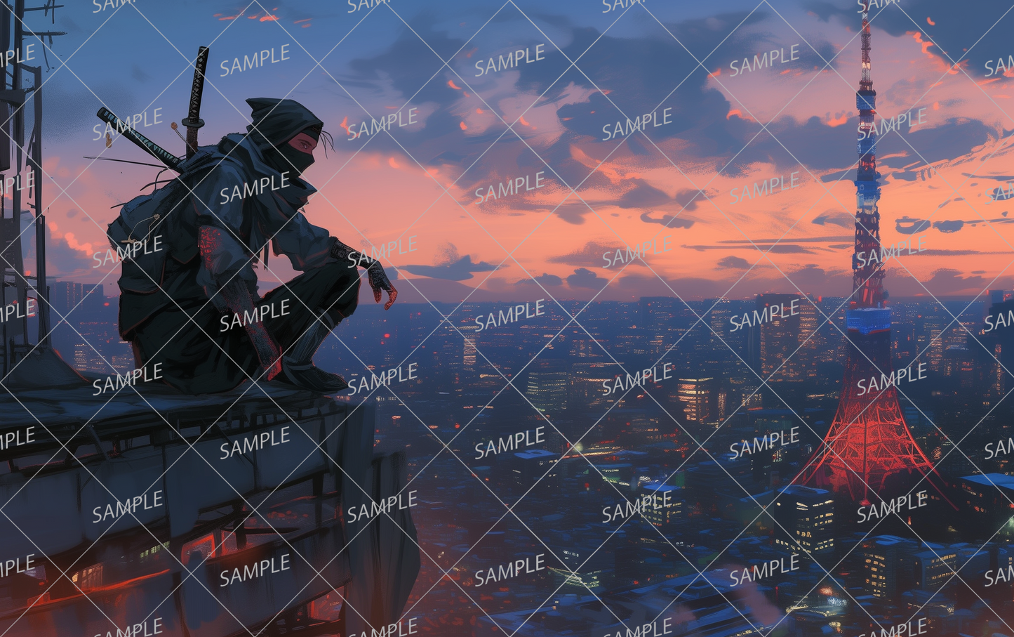 AA-0759 A masked ninja overlooking a city lit up at dusk