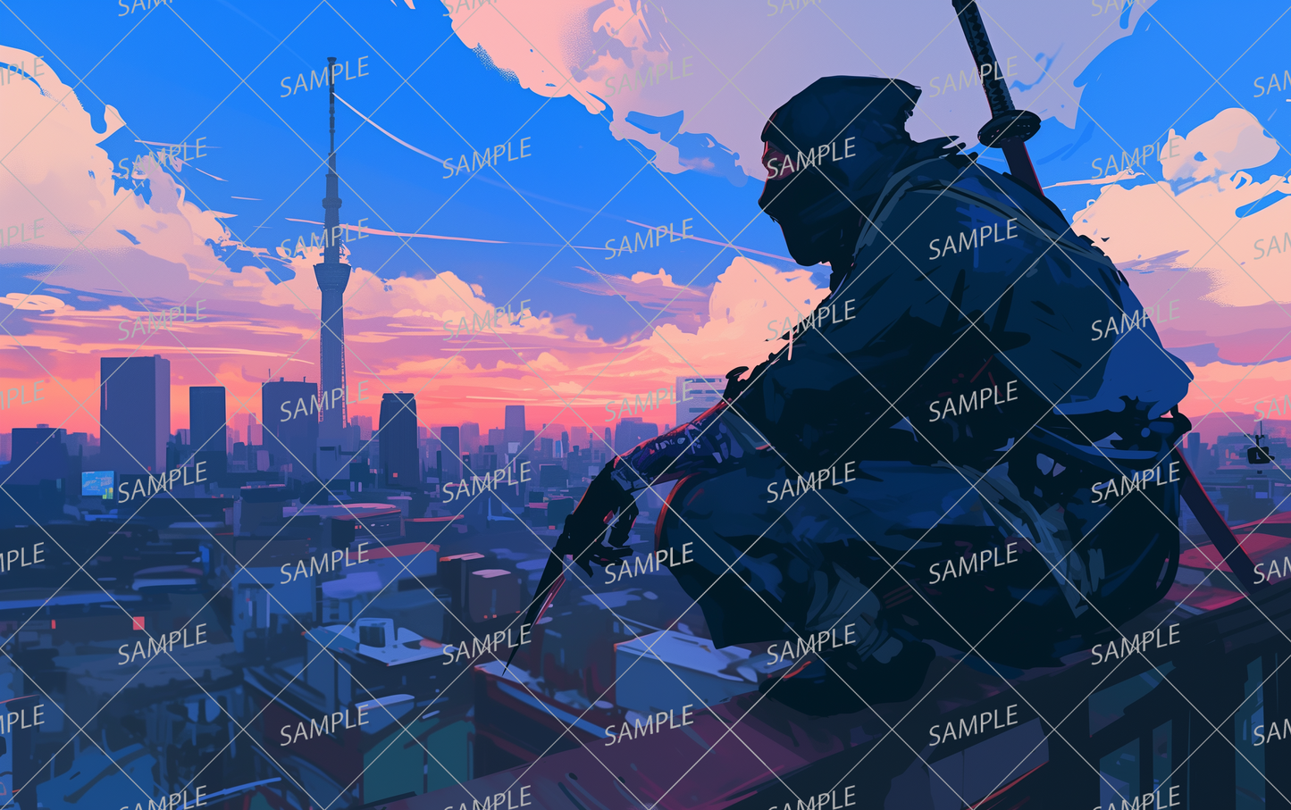 AA-0762 A ninja brandishing a blade as he looks down at the city bathed in the sunset.