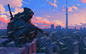 AA-0763 Ninja 2 looking down at the sunset-tinged city while brandishing a blade