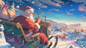 AA-0810The back view of Santa Claus riding a sleigh towards the city under the blue sky