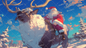 AA-0811 Santa Claus riding a big reindeer in the winter forest