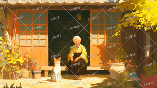 AA-0818 An elderly woman and a cat sitting with their eyes closed on the veranda of an old house