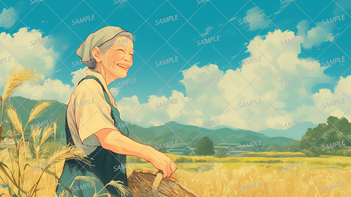 AA-0820 A smiling elderly woman working on the fields with golden ears of rice