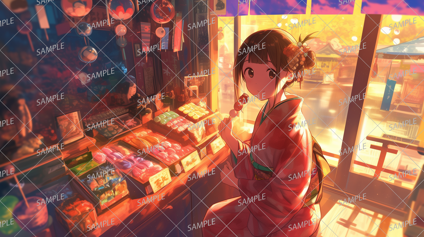 AA-0826 A girl in a yukata holding a dumpling-shaped candy in one hand at a candy store at dusk