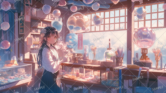 AA-0828 A shop decorated with round glass objects like water droplets and a girl in a kimono