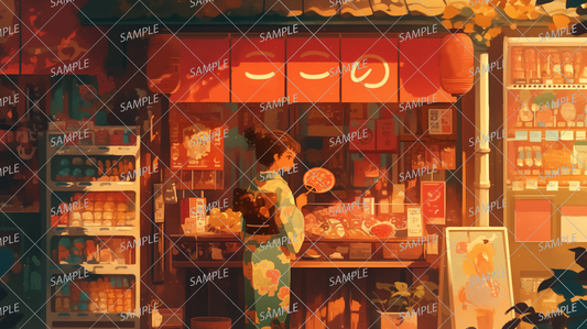 AA-0829 A girl in a yukata standing with a fan in front of a retro shop at dusk