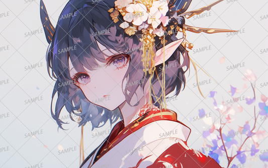 AA-0831 A girl with long ears and short hair wearing a beautiful red kimono and a large pale flower hair ornament.