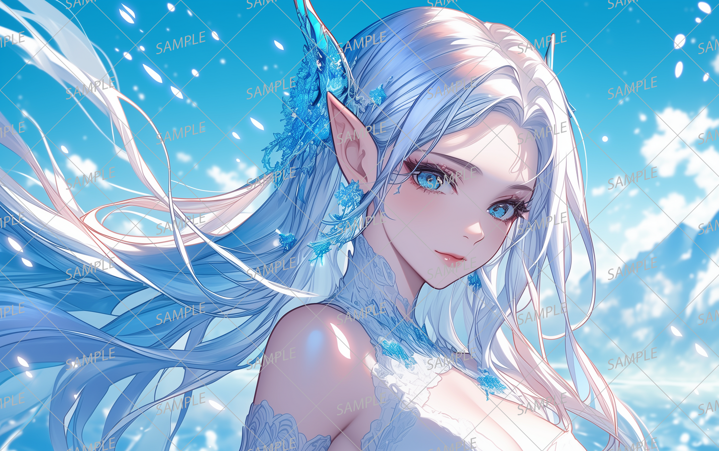 AA-0834 A silver-haired elf with a cold beauty wearing a lace dress with the mountains behind her